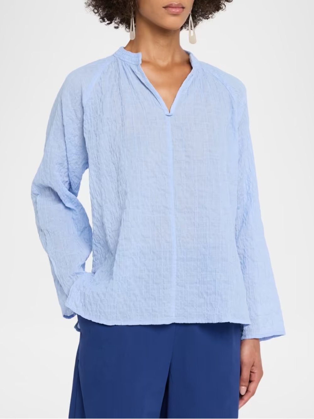 NWT Eileen Fisher Organic Cotton Microstripe Pucker Split Collar Top
